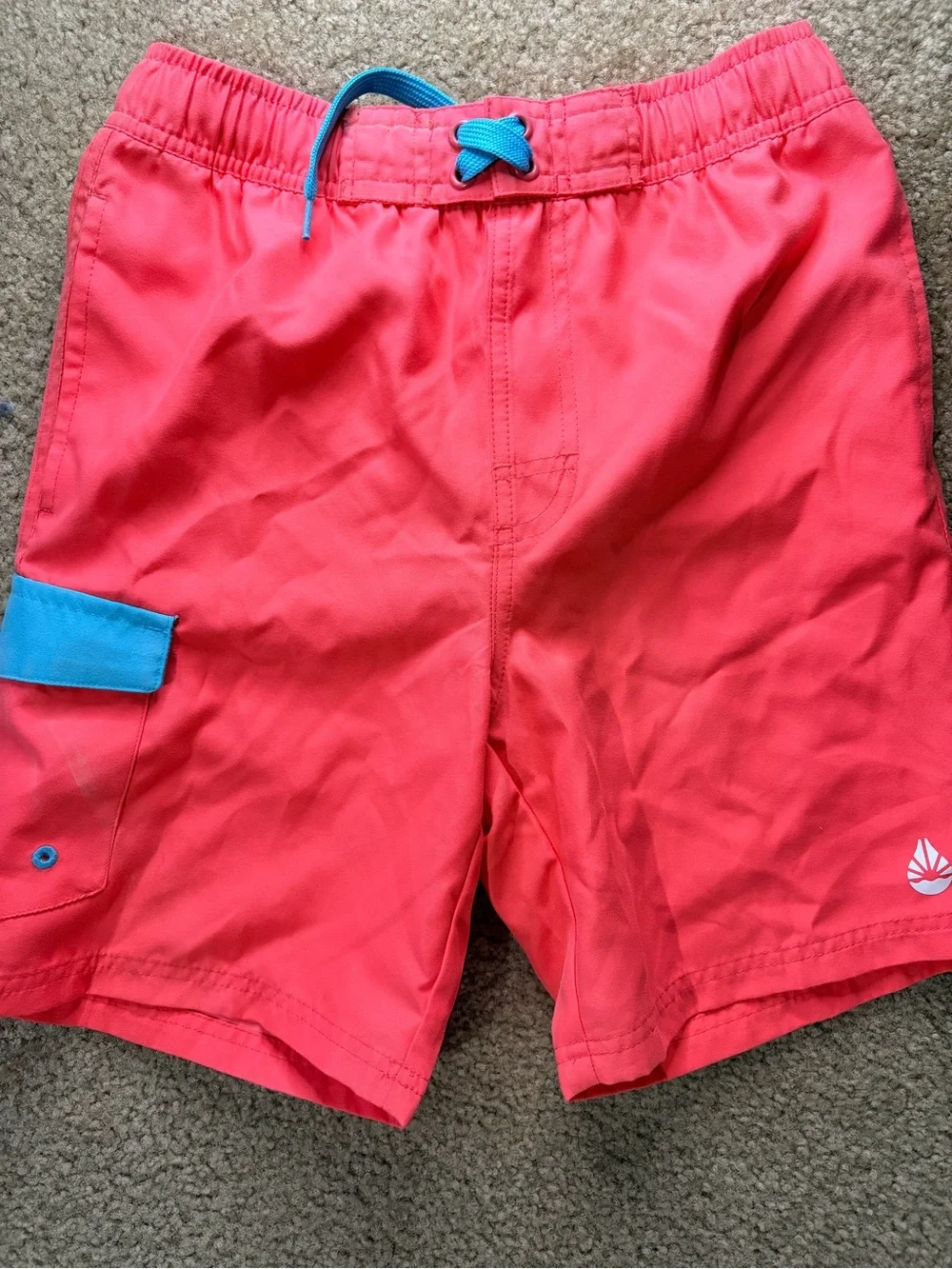 Kids Coral Swim Trunks with Turquoise Accents